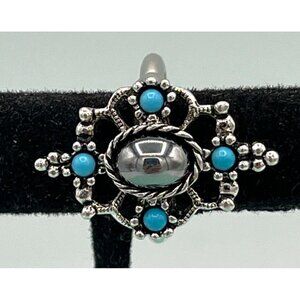 Vintage Avon Silver Tone Hematite Ring with Faux Turquoise Size 7.5